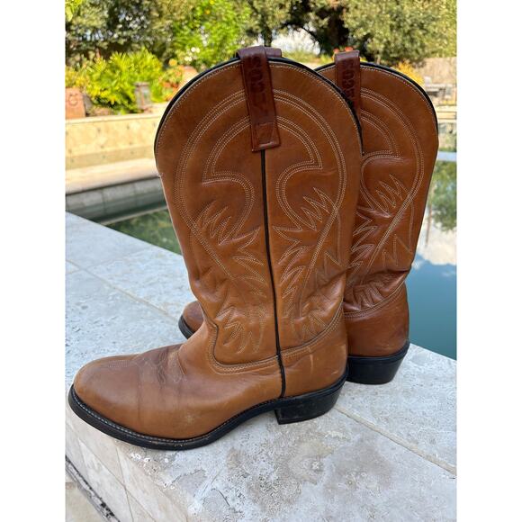 Pecos 10 1/2 sweet boots in cognac color with minimal wear. ￼ - Picture 1 of 9